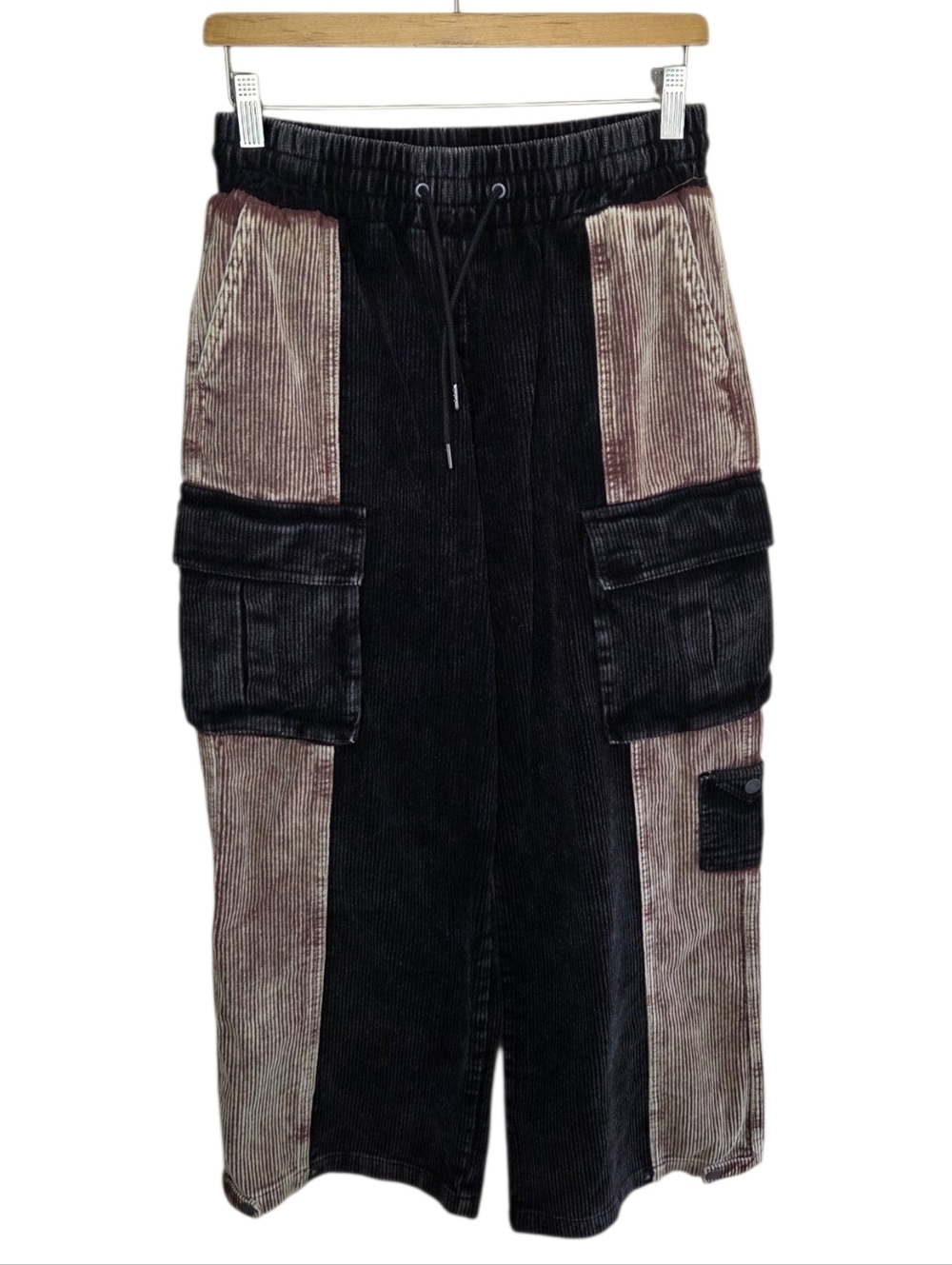 Stoosh Black Tan Colorblock Corduroy Cargo Pull-On Waist Pants Size Medium